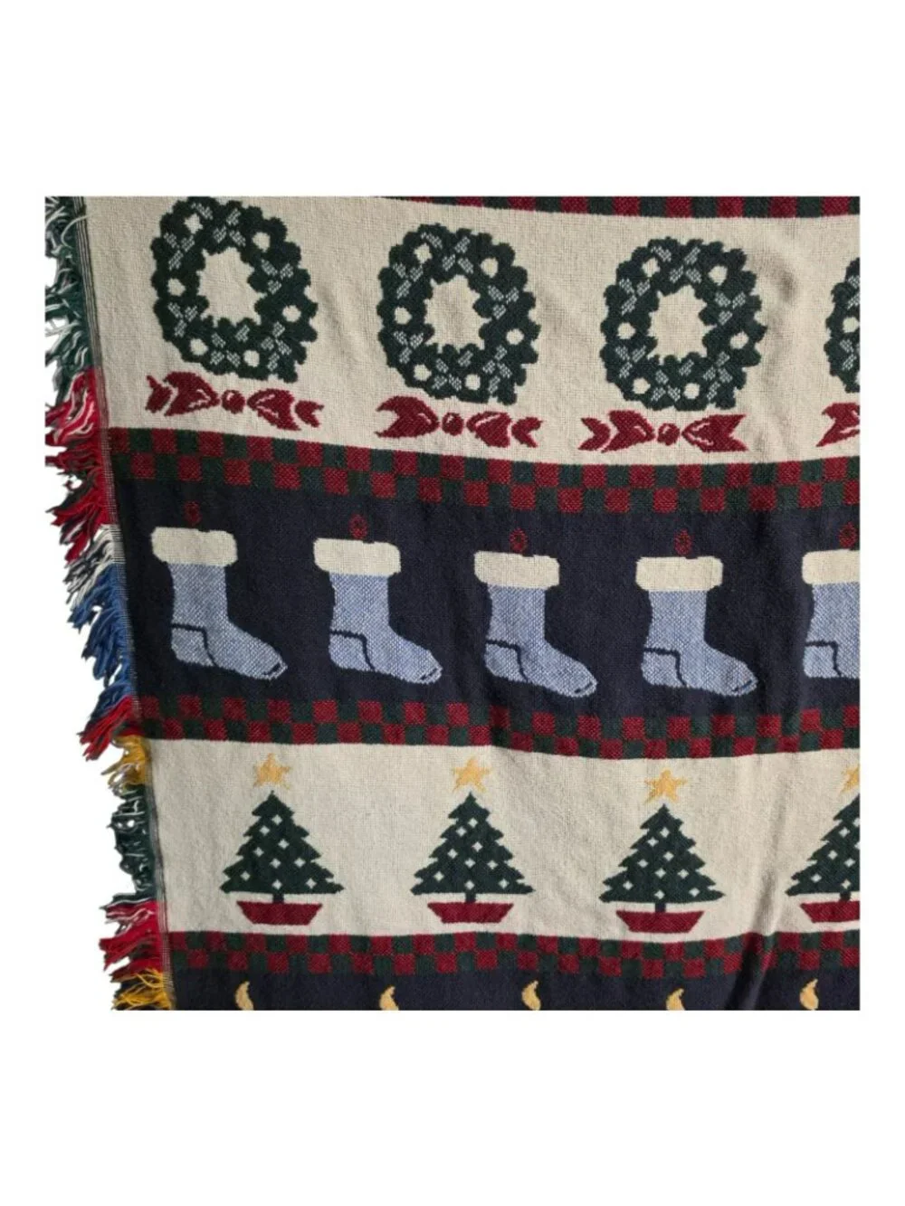 Holiday Christmas Throw Blanket Candy Cane Stocking Wreath Tree Bell Candle